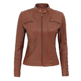 Women Tan Quilted Leather Biker Jacket