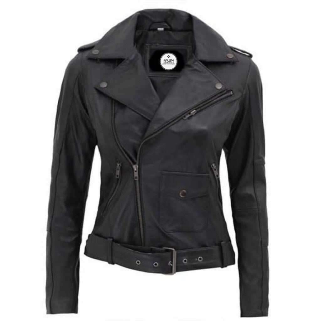 Women Black Asymmetrical Slim Fit Leather Jacket - Leather Jacket