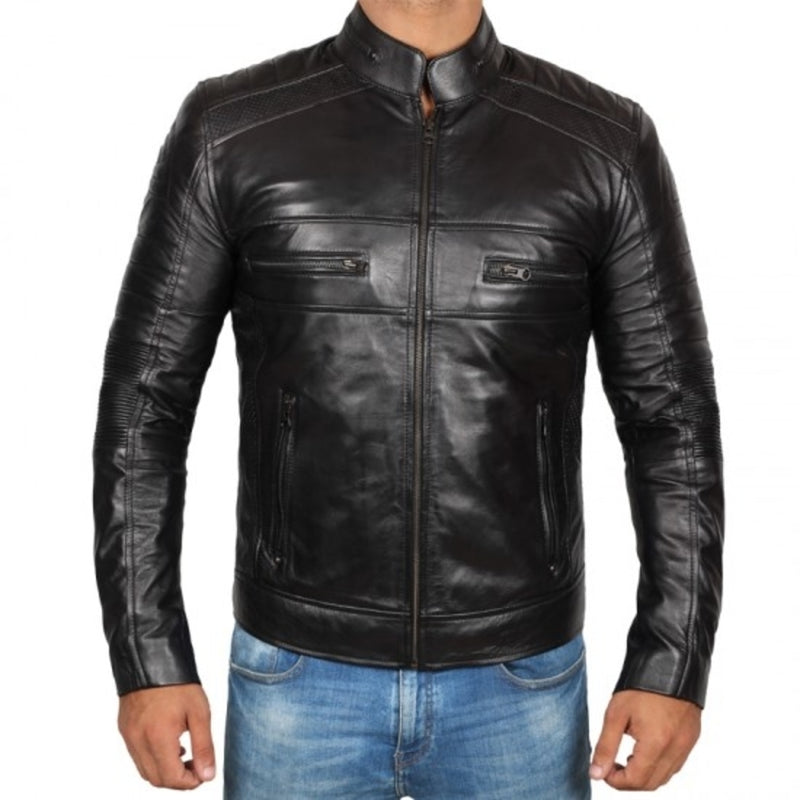 Black Cafe Racer Motorcycle Leather Jacket - Leather Jacket