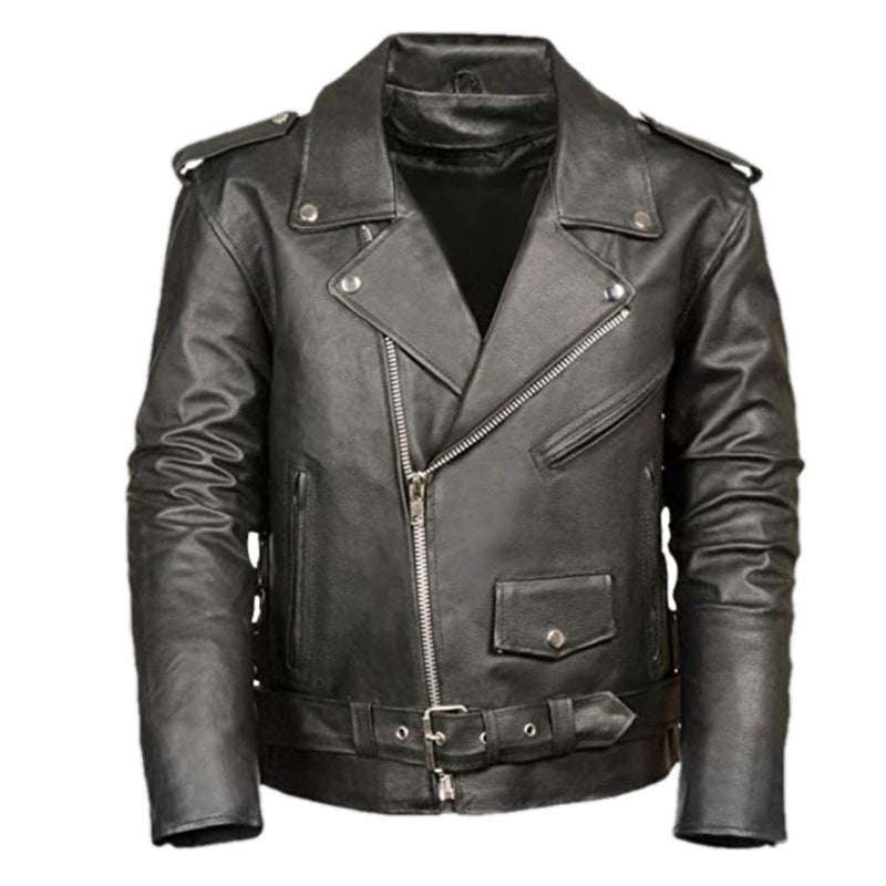 Basic Motorcycle Leather Jacket with Pockets - Leather Jacket