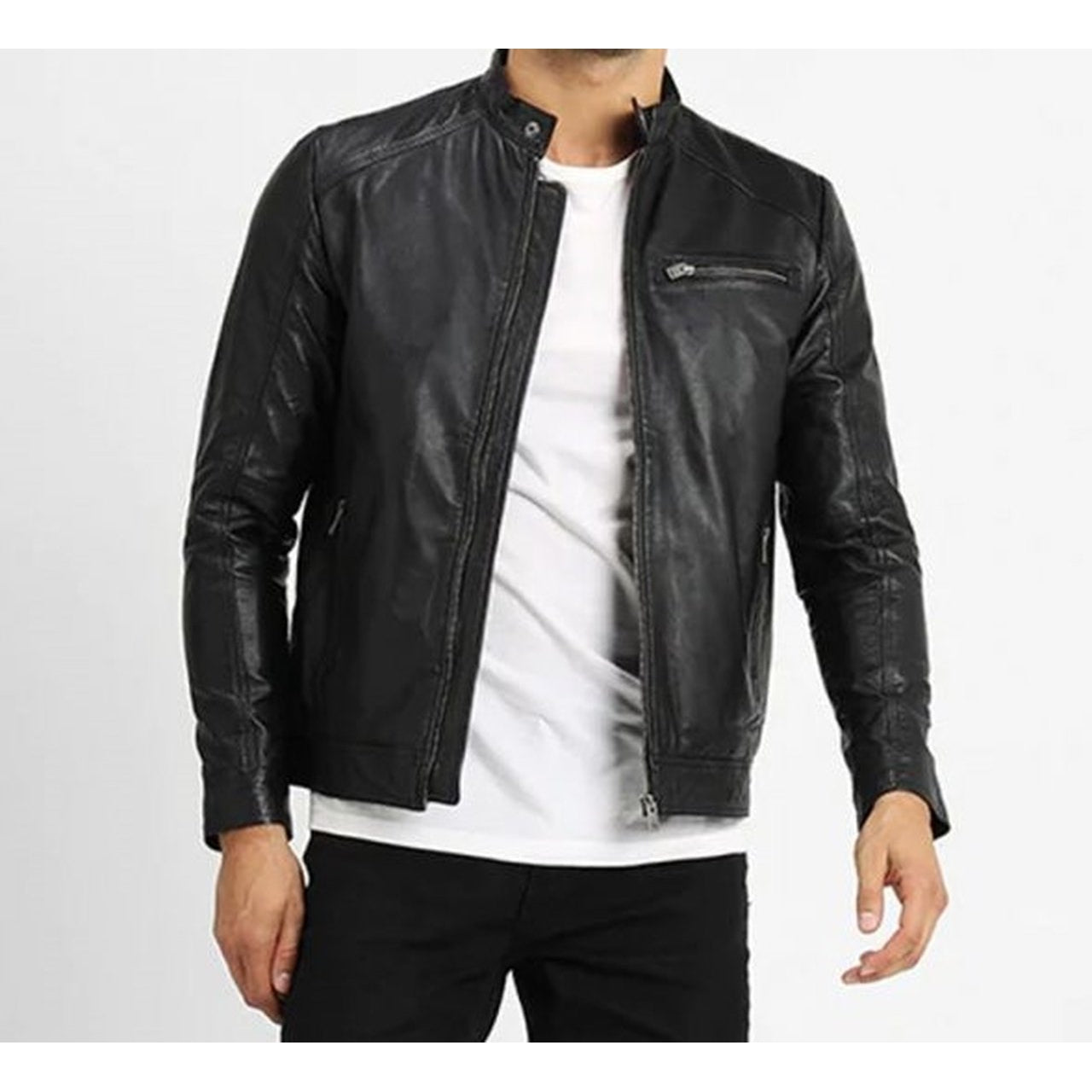 Men Black Collar Strap Leather Jacket – Musheditions
