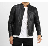 Men Black Collar Strap Leather Jacket - Leather Jacket