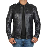 Button Pocket Black Belted Collar Leather Biker Jacket