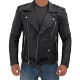 Black Slim Fitted Rider Belted Leather Jacket - Leather Jacket