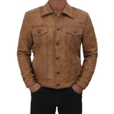 Camel Brown Button Up Leather Trucker Jacket - Leather Jacket