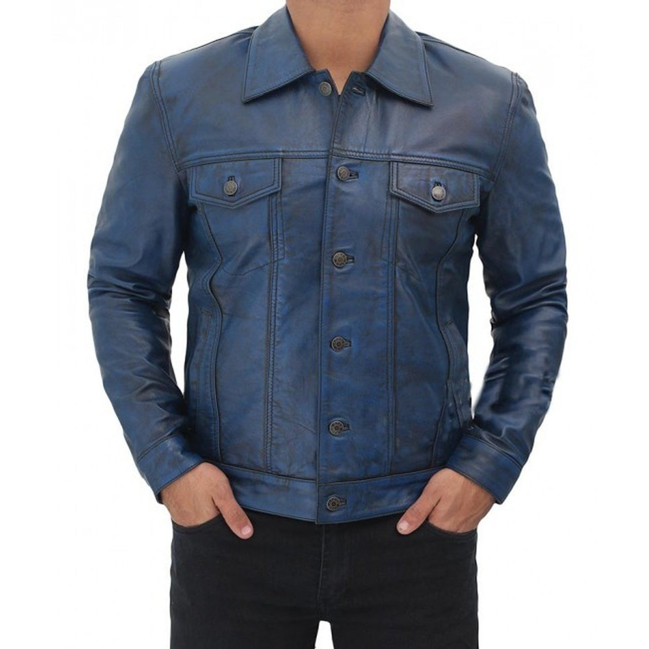 Dark Blue Trucker Leather Jacket - Leather Jacket