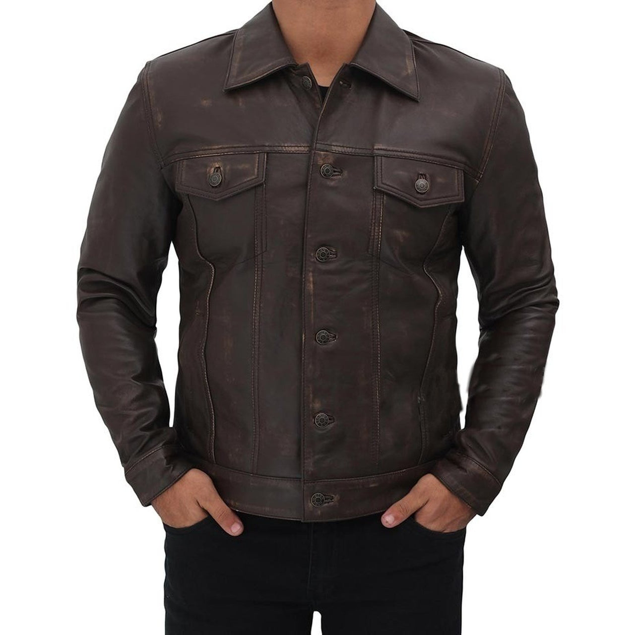 Dark Brown Leather Trucker Jacket Men - Leather Jacket