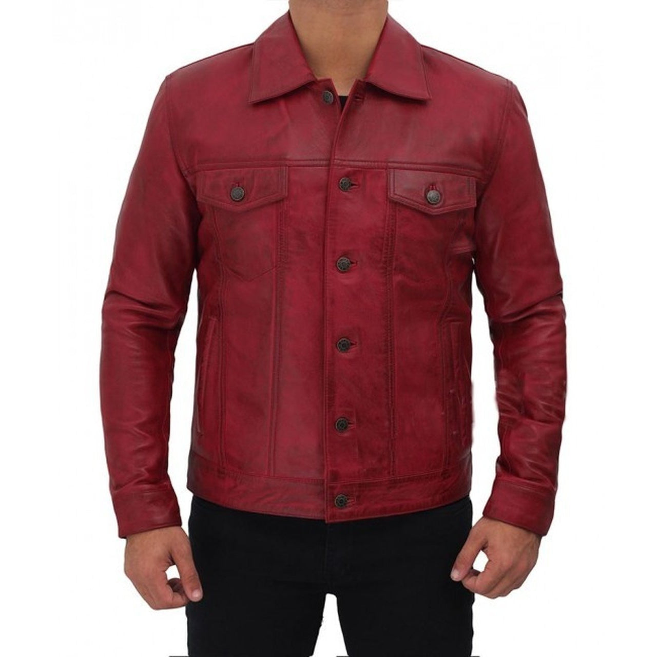 Maroon Trucker Leather Jacket Mens - Leather Jacket