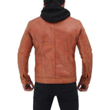 Men Tan Hooded Leather Jacket - Leather Jacket