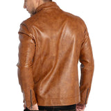 Men Stand Collar Leather Motorcycle Jacket Brown - Leather Jacket