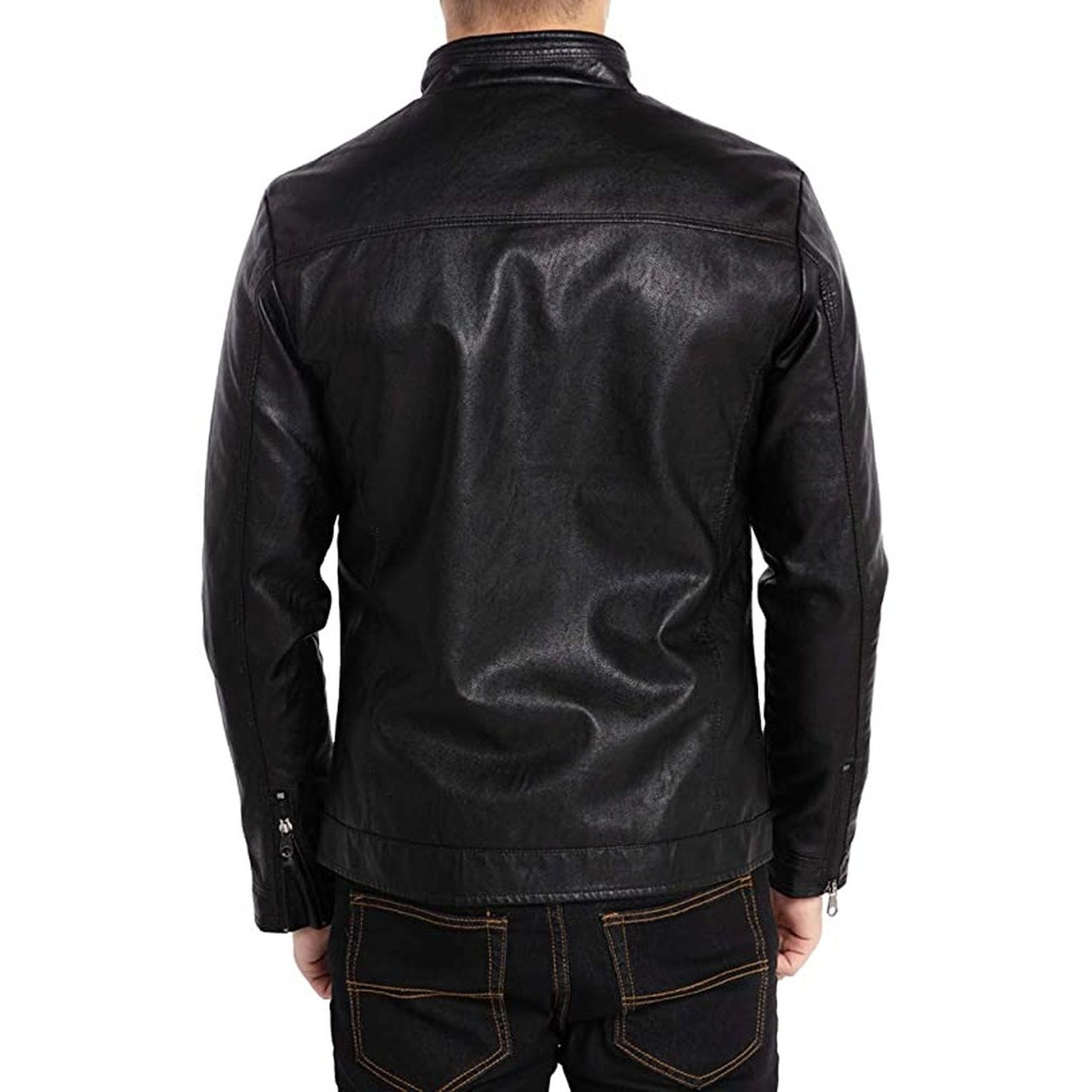 Men Stand Collar Leather Motorcycle Jacket Outwear Black - Leather Jacket