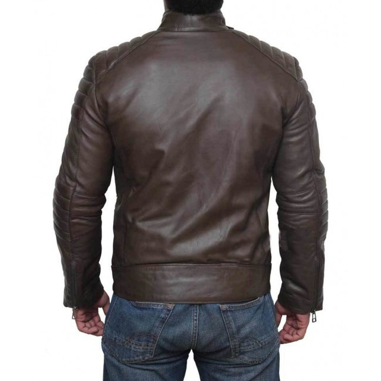 Quilted Genuine Four Zipper Pocket Leather Biker Jacket Men - brown leather jacket - Leather Jacket