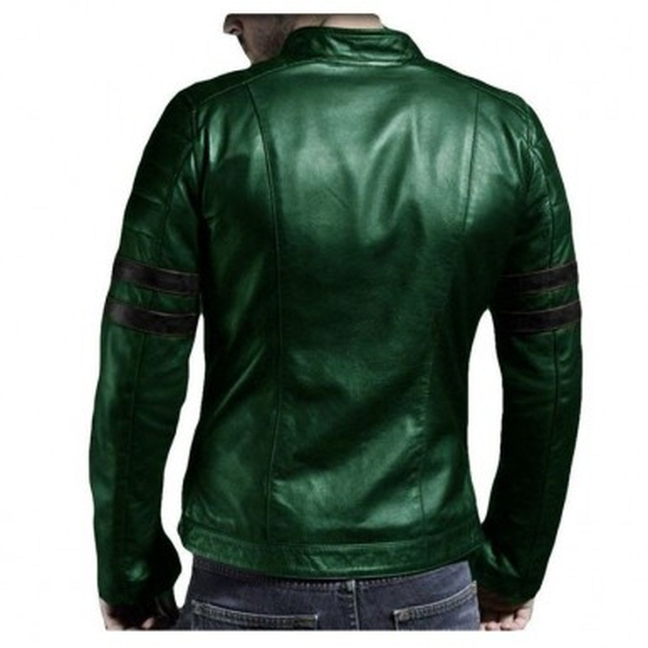 Genuine Leather Jacket For Winter In Green with Black Strip