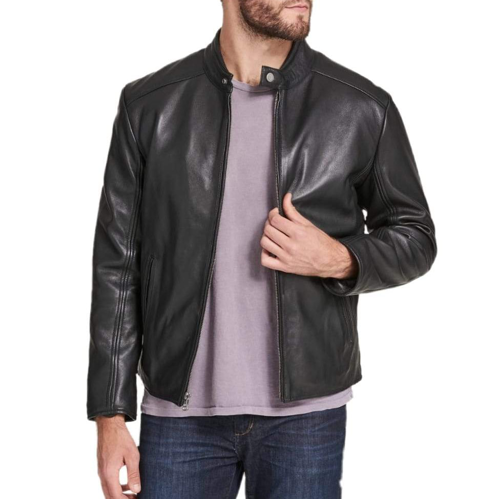 Regular Fit Black Leather Jacket for Men with Collar Button - Men jackets - Leather Jacket