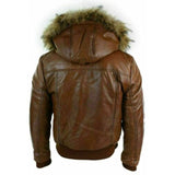 Brown Puffer Bomber Hooded Biker Cafe Racer Real Leather Jacket for Men - Leather Jacket