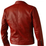Biker Style Genuine Leather Jacket With Zipper Pocket In Red Vine Color
