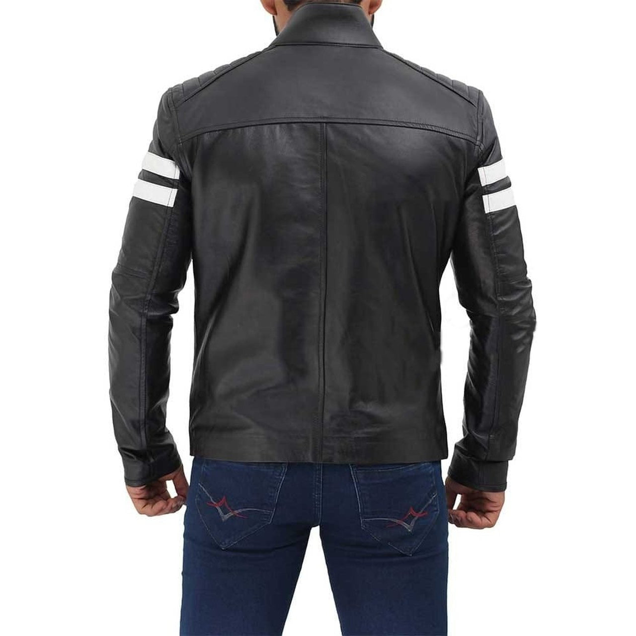 Black Biker White Stripe Leather Jacket - Leather Jacket