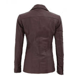 Brown Three Button Closure Leather Blazer for Women - Leather Jacket