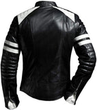 Cafe Racer Style Genuine sheepskin Leather Jacket With White Stirpes