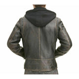 Distressed Black Hooded Leather Biker Cafe Racer Motorcycle Real Jacket For Men - Leather Jacket