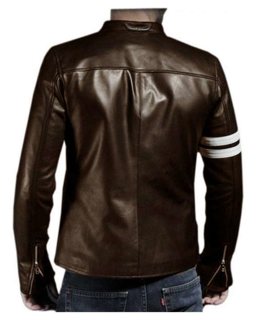 Men Brown Genuine Leather Jacket With White Stripes