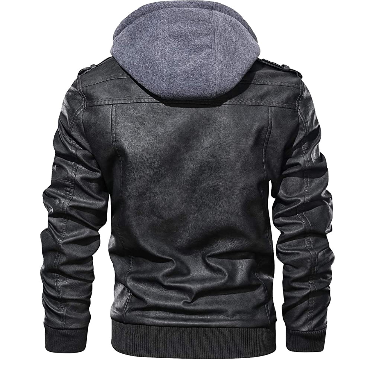 Men Leather Jacket With Removable Hood with Zipper Pockets