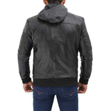 Men Black Bomber Biker Hooded Leather Jacket - Leather Jacket