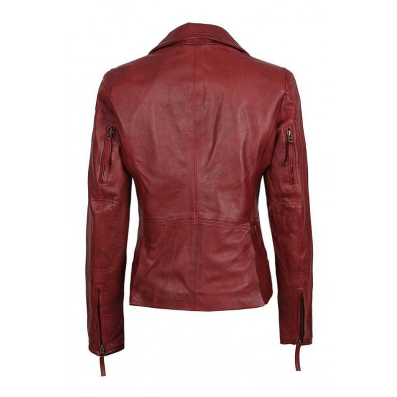 Red Asymmetrical Motorcycle Slim Fit Women leather jacket - Leather Jacket
