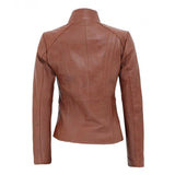 Women Tan Asymmetrical Biker Leather Jacket - Leather Jacket