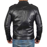 Button Pocket Black Belted Collar Leather Biker Jacket - Leather Jacket