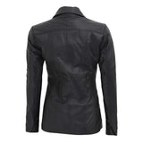 Women Black Three Button Closure Leather Blazer - Leather Jacket