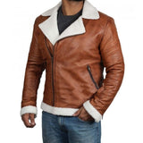 Brown Motorcycle Leather Jacket with Shearling for Men - Leather Jacket