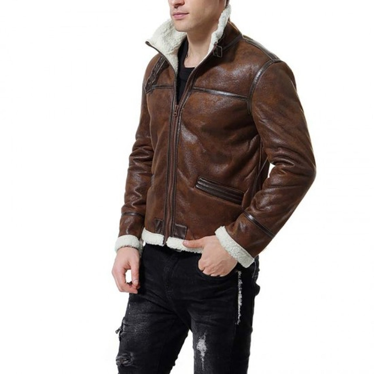 Brown Shearling Leather Jacket Men - Leather Jacket