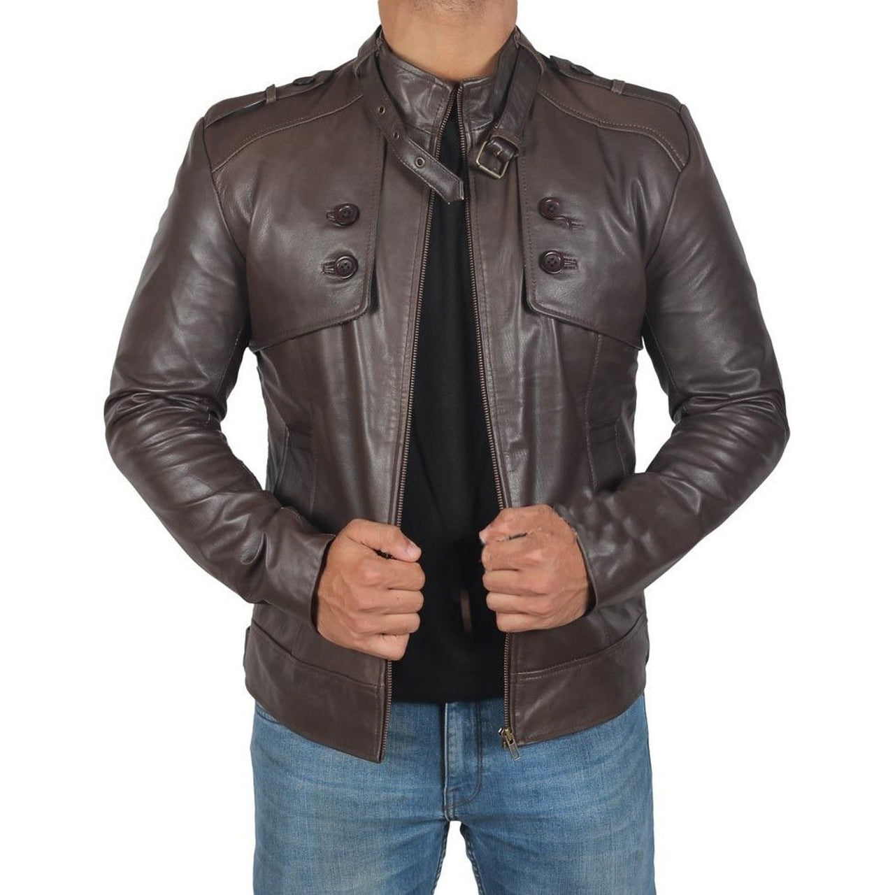 Button Pocket Premium Slim Fit Belted Collar Dark Brown Leather Jacket - Leather Jacket