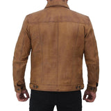 Camel Brown Button Up Leather Trucker Jacket - Leather Jacket