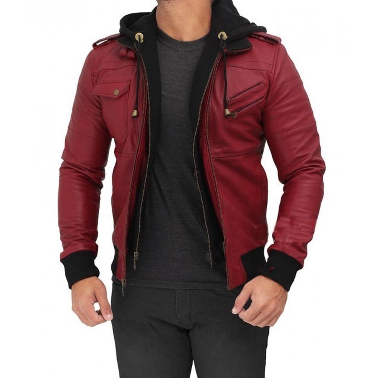 Maroon Hooded Bomber Jacket - Leather Jacket