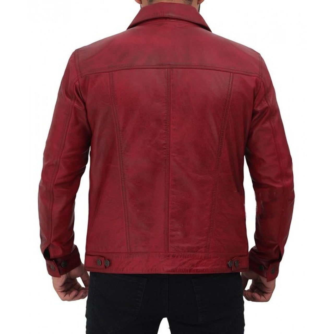 Maroon Trucker Leather Jacket Mens - Leather Jacket