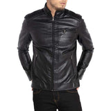 Men Stand Collar Leather Motorcycle Jacket Black - Leather Jacket