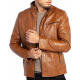 Men Stand Collar Leather Motorcycle Jacket Brown - Leather Jacket