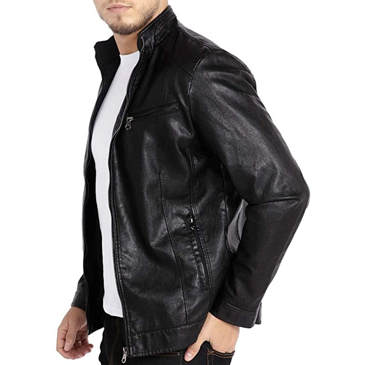 Men Stand Collar Leather Motorcycle Jacket Outwear Black - Leather Jacket