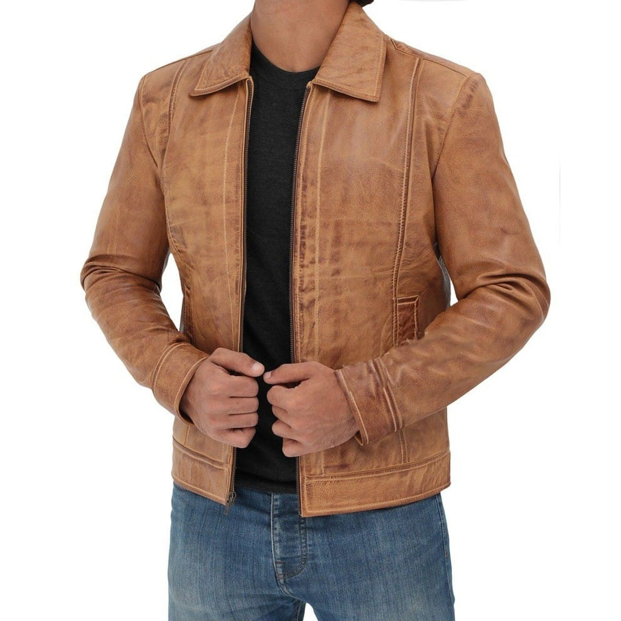Casual Stylish Camel Brown Fitted Biker Leather Mens Jacket - Leather Jacket