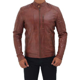 Men Tan Quilted Leather Motorcycle Jacket - Leather Jacket