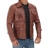 Men Vintage Four Pockets Distressed Brown Leather Jacket - Leather Jacket