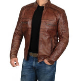 Retro Cafe Racer Brown Leather Jacket - Leather Jacket