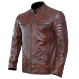 Motorcycle Genuine Leather Jacket For Men Slim Fit In Brown