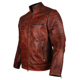 Biker Style Slim Fit Men Genuine Leather Jacket with Ziper Pocket