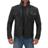 Black Leather Multi Pocket Jacket for Men - Leather Jacket