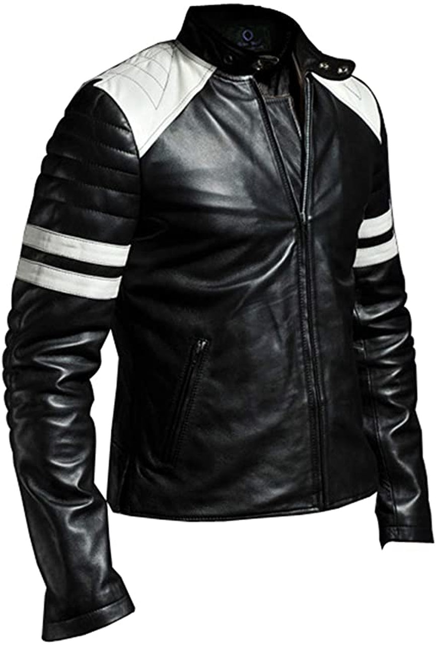 Cafe Racer Style Genuine sheepskin Leather Jacket With White Stirpes