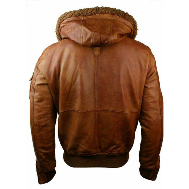 Detachable Hooded Duffle Men's Leather Jacket Coat Fur Collar Brown Biker - Leather Jacket