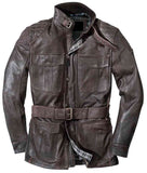 Genuine Leather Jacket With Belt Style And Upper Pocket For Men In Brown